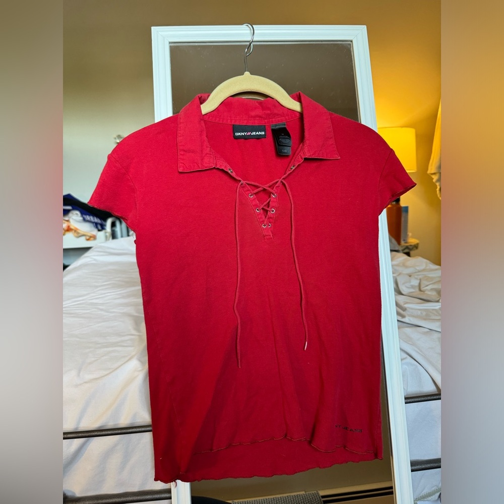 DKNY//Jeans: Red Crop short sleeve shirt with laced up V-Cut